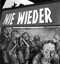 Die Collage zeigt grafisch dargestellte Kriegsopfer, dazu den Schriftzug "Nie wieder!".