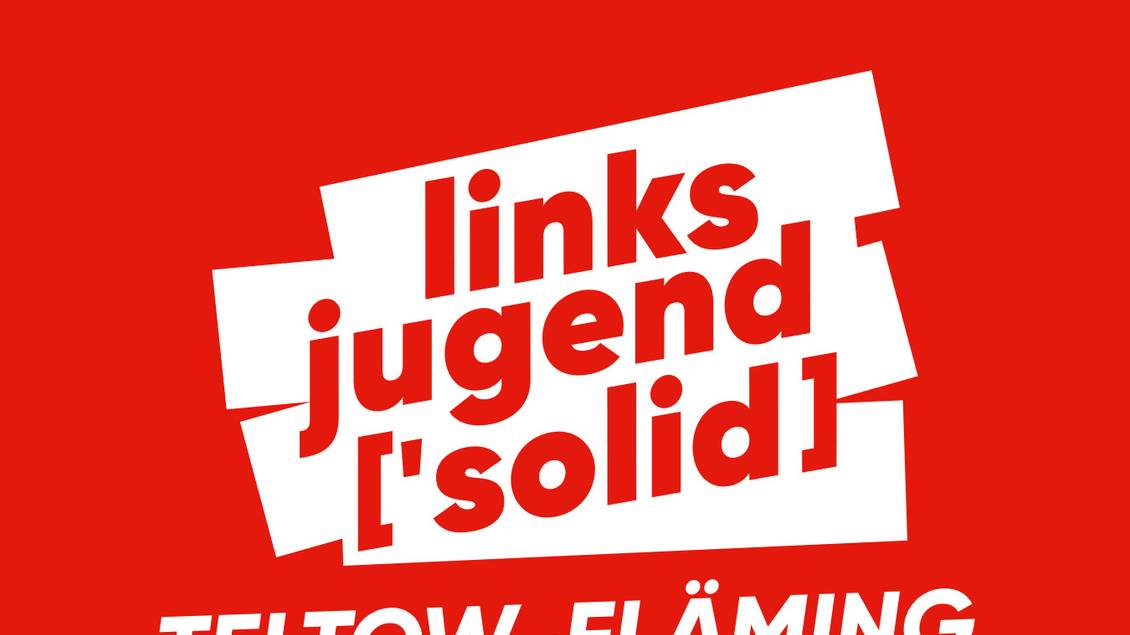 Die Grafik zeigt in weiß auf rotem Grund das Logo der Linksjugend ['solid] Teltow-Fläming.
