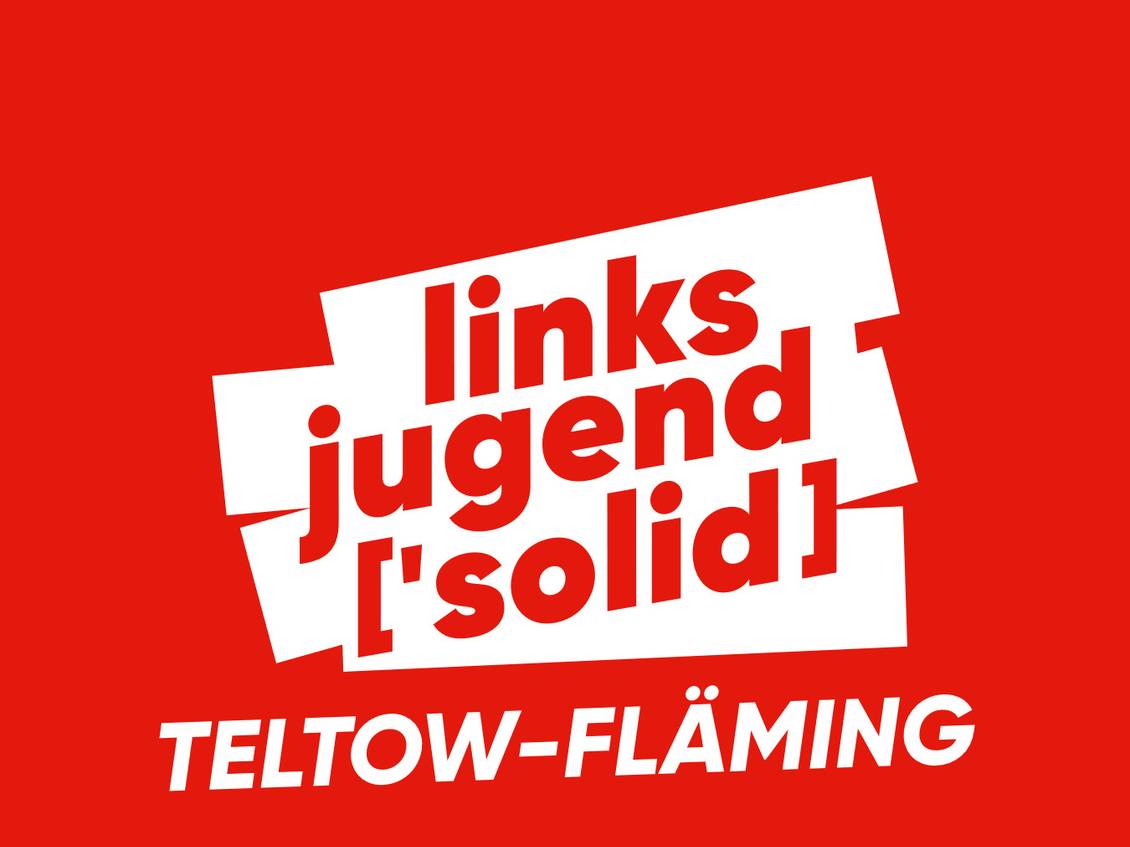 Die Grafik zeigt in weiß auf rotem Grund das Logo der Linksjugend ['solid] Teltow-Fläming.