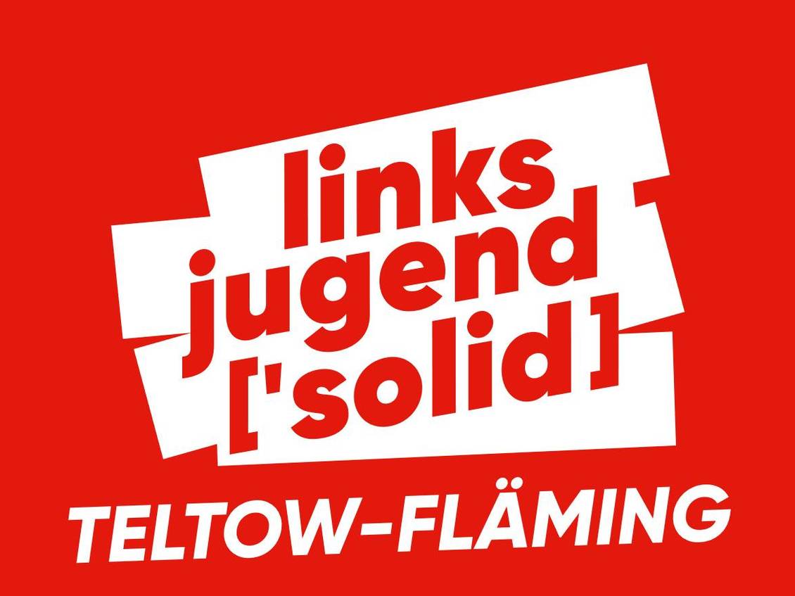 Die Grafik zeigt in weiß auf rotem Grund das Logo der Linksjugend ['solid] Teltow-Fläming.