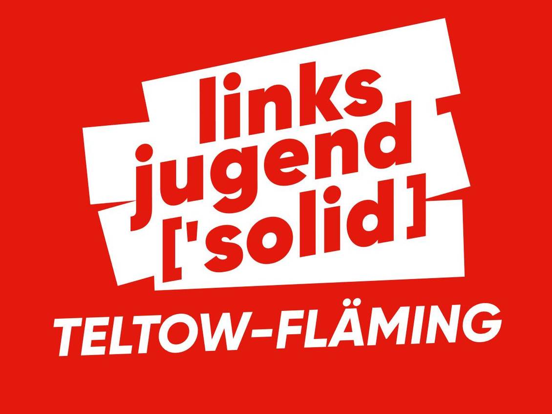 Die Grafik zeigt in weiß auf rotem Grund das Logo der Linksjugend ['solid] Teltow-Fläming.