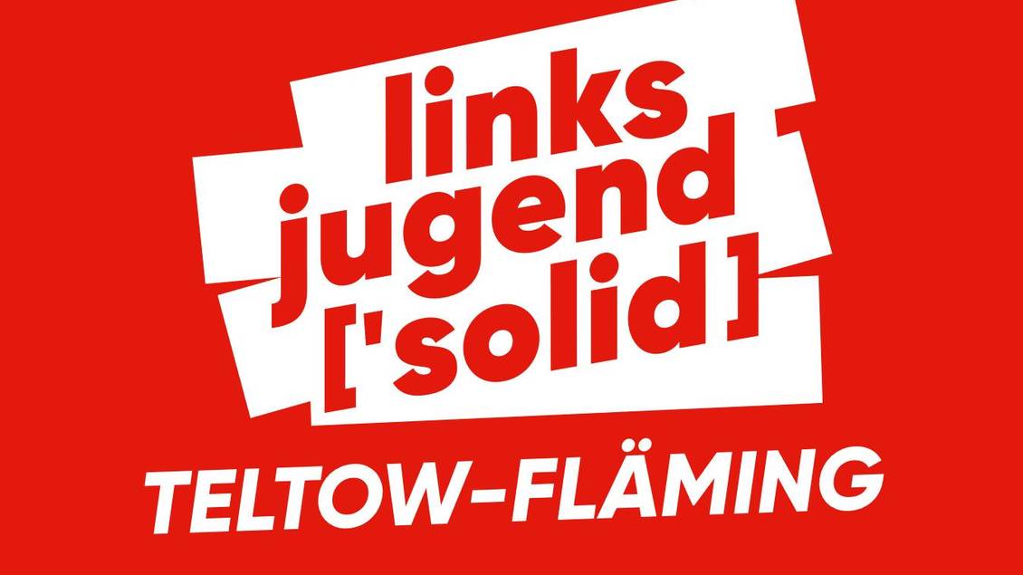 Die Grafik zeigt in weiß auf rotem Grund das Logo der Linksjugend ['solid] Teltow-Fläming.