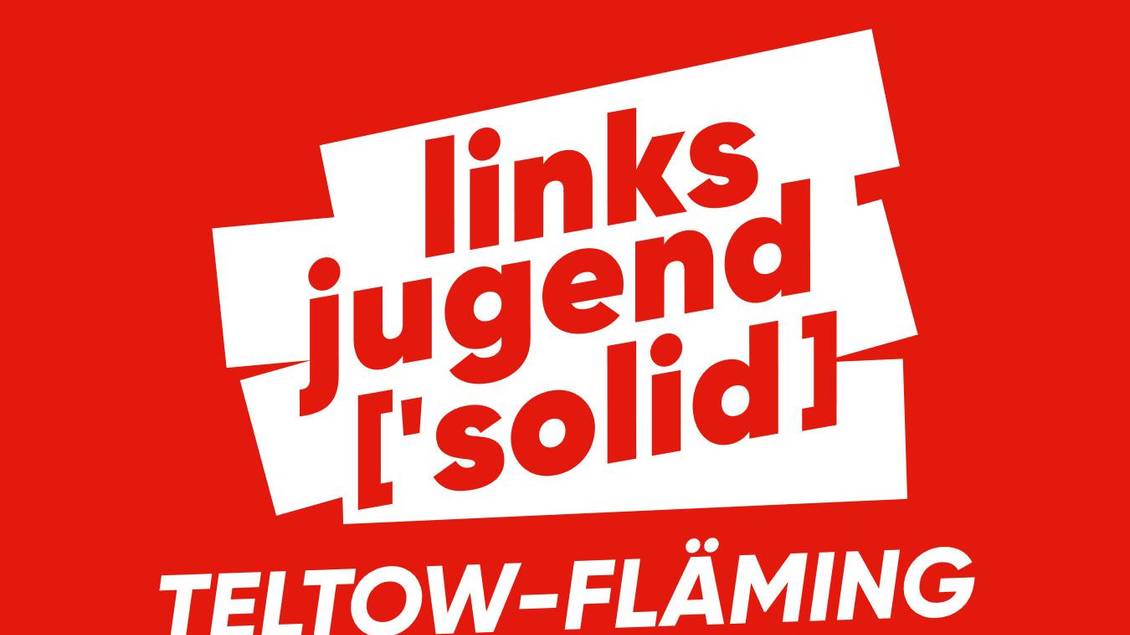 Die Grafik zeigt in weiß auf rotem Grund das Logo der Linksjugend ['solid] Teltow-Fläming.