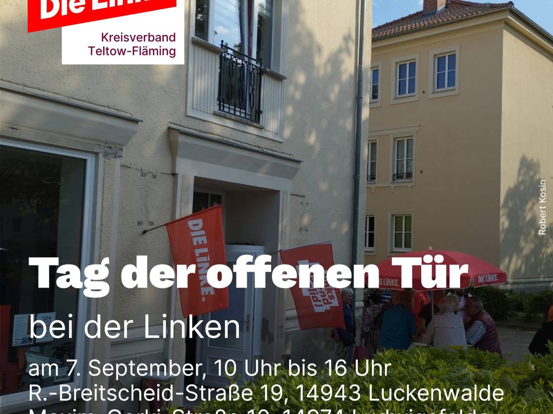Gezeigt wird ein Sharepic mit der Ankündigung des Tages der offenen Tür bei der Linken Teltow-Fläming.