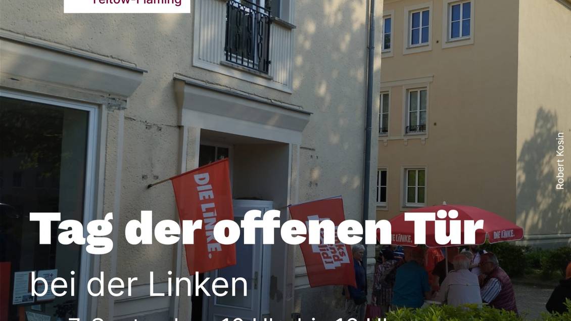 Gezeigt wird ein Sharepic mit der Ankündigung des Tages der offenen Tür bei der Linken Teltow-Fläming.