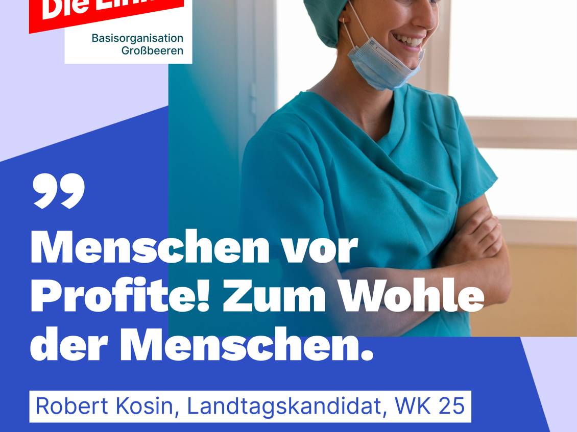 Die Collage zeigt eine lachende Krankenpflegerin, dazu das Logo der Linken und die Forderung ""Menschen vor Profite! Zum Wohle der Menschen.".